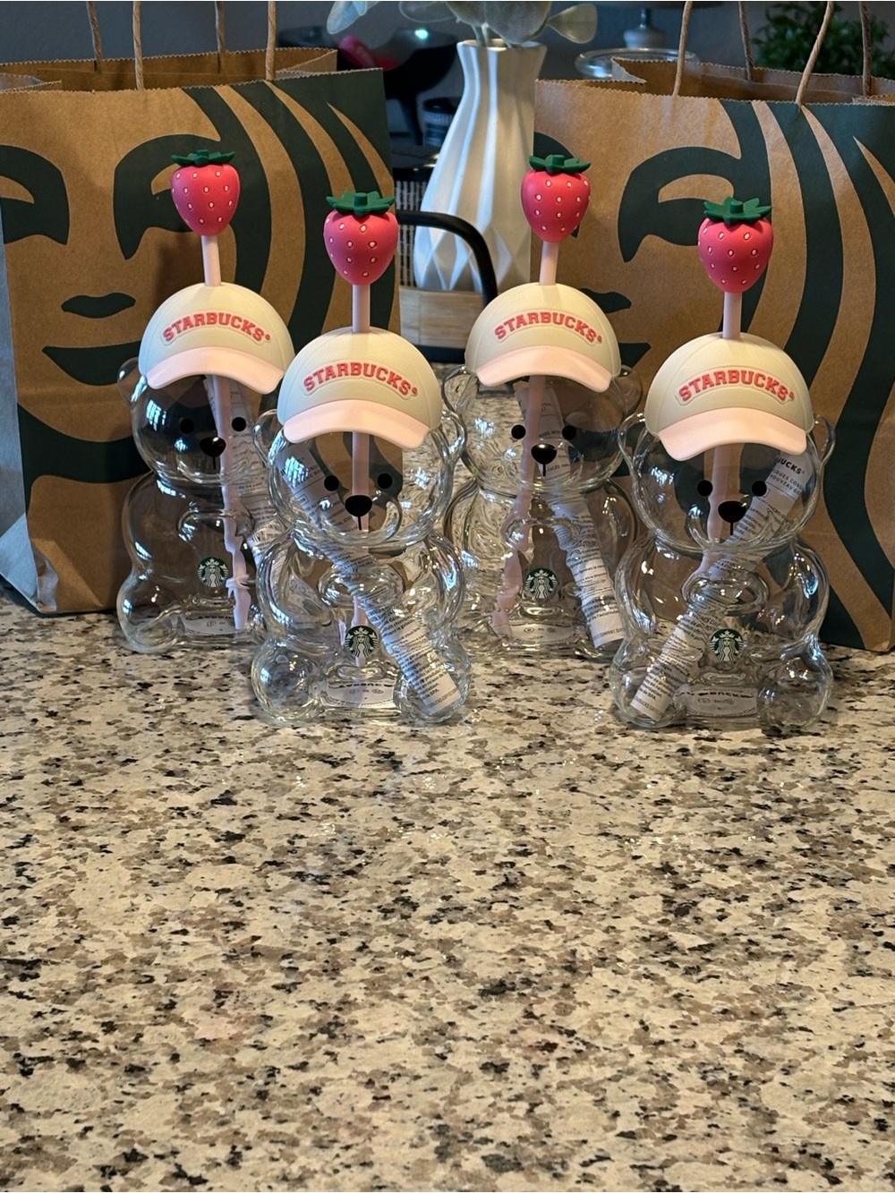 Starbucks Clear Bear Bottle with Pink Cap and Strawberry Topper